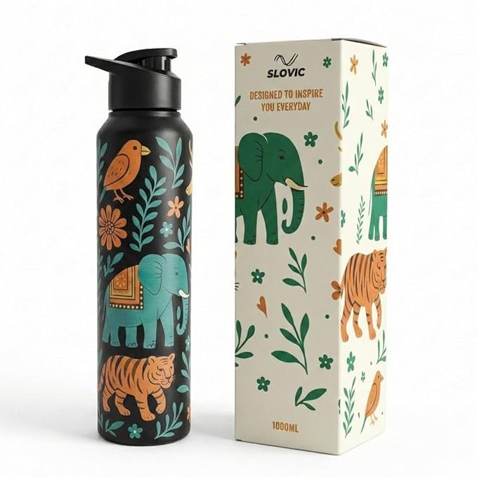 SLOVIC Steel Water Bottle 1 Ltr | Incredible India Design Fridge Water Bottle for School Kids